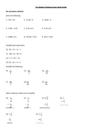 Pre-Algebra Challenge Exam Study Guide No calculators allowed ...