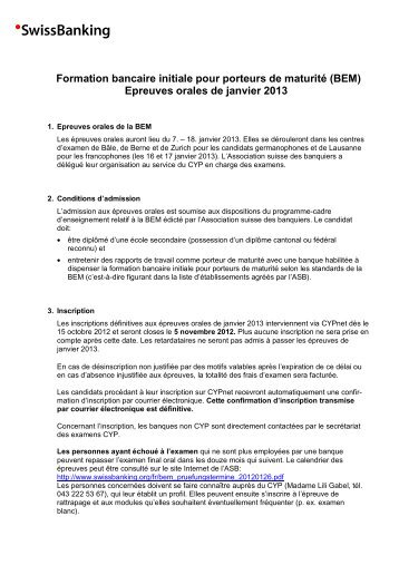 (BEM) Epreuves orales de janvier 2013 - SwissBanking