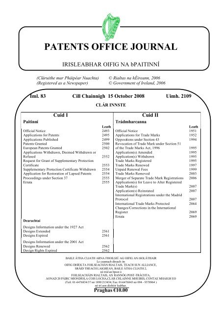 PATENTS OFFICE JOURNAL - Irish Patents Office