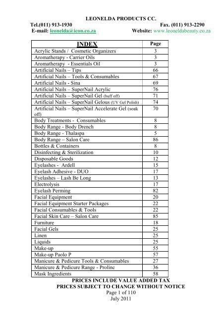 LEONELDA PRODUCTS CC. Tel.(011) 913-1930 Fax. (011) 913