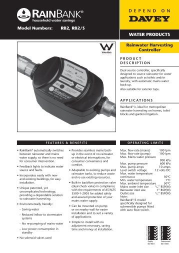 Model Numbers: RB2, RB2/S Rainwater Harvesting Controller