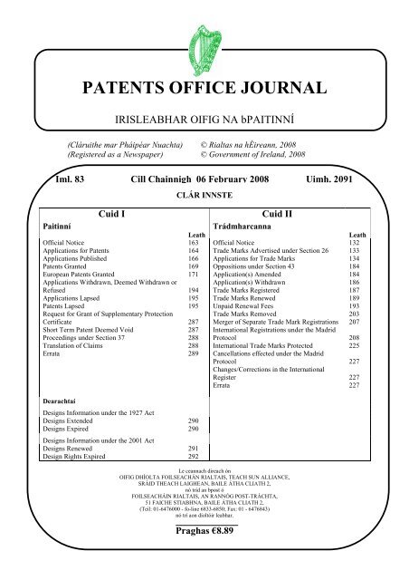 PATENTS OFFICE JOURNAL - Irish Patents Office