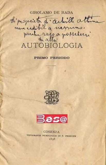 Autobiologia - Girolamo de Rada - Sezione di Albanologia