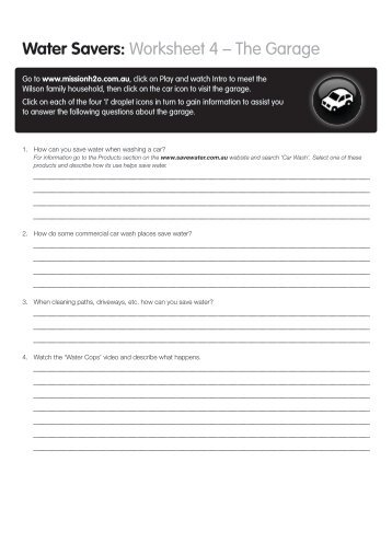 Water Savers: Worksheet 4 â The Garage - Savewater.com.au