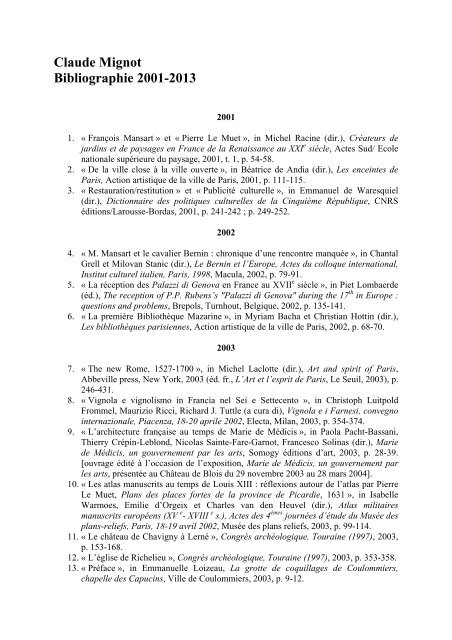 Bibliographie chronologique 2001-2013 de Claude Mignot