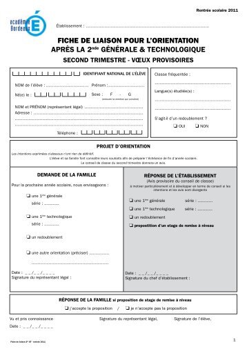 FICHE DE LIAISON POUR L'ORIENTATION aprÃ¨s la 2nde ... - Onisep