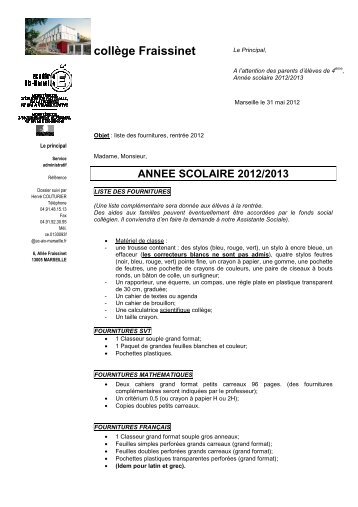 Fournitures 4ème 2012 2013 - Collège Fraissinet
