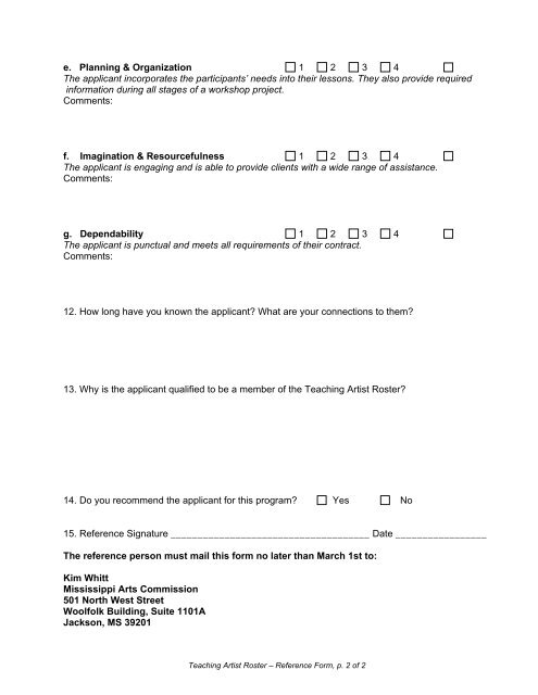 Reference Form: Teaching Artist Roster - Mississippi Arts Commission