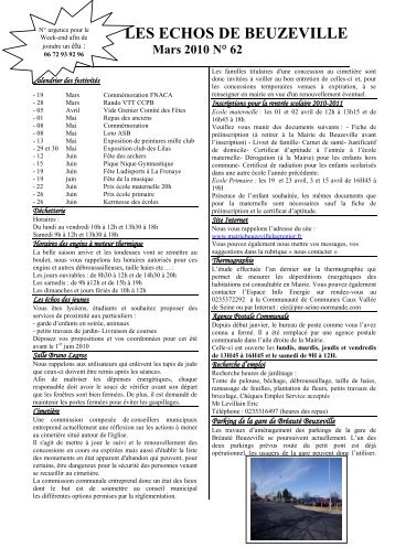 Les Echos n° 62 de mars 2010 - Bienvenue à Beuzeville la Grenier
