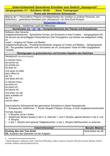 Unterrichtseinheit Generatives Schreiben zum Gedicht „Hausspruch“