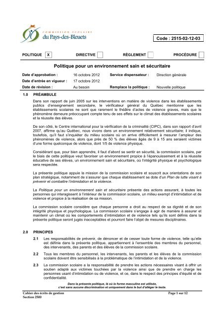 Politique pour un environnement sain sÃ©curitaire - Commission ...