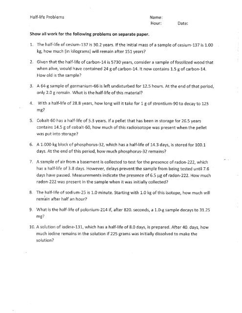 Half Life Worksheet Answer Key Pdf