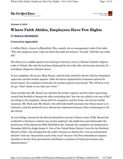 Where Faith Abides, Employees Have Few Rights - Center for the ...