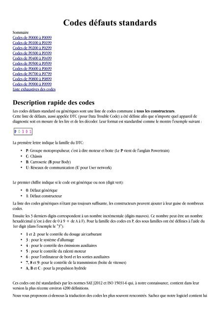 Liste des codes dÃ©fauts standards