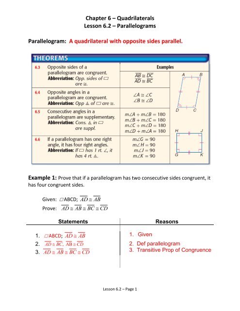 Chapter 6 â Quadrilaterals Lesson 6.2 â Parallelograms ...