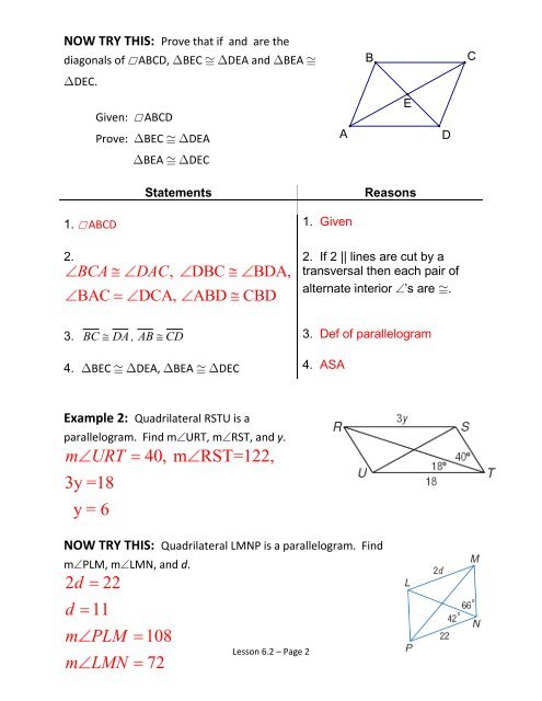 Chapter 6 â Quadrilaterals Lesson 6.2 â Parallelograms ...