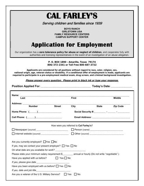 application - Cal Farley's Boys Ranch and Girlstown, U.S.A.