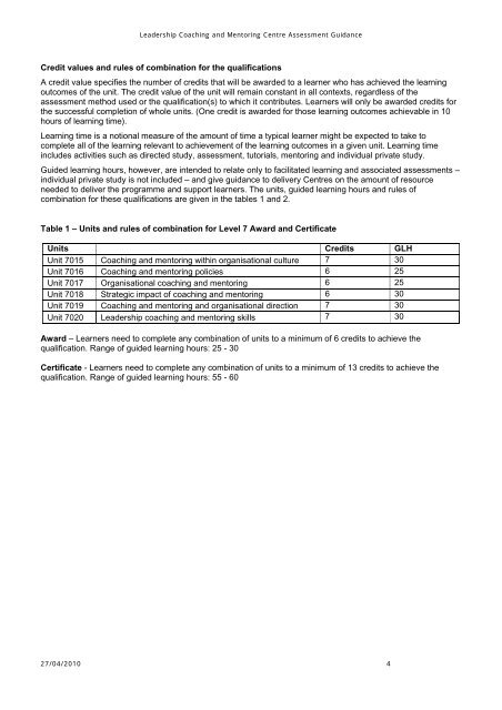 Centre Assessment Guidance for Level 7 Leadership Coaching and ...