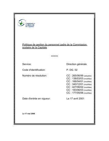 Politique de gestion du personnel cadre de la Commission scolaire ...