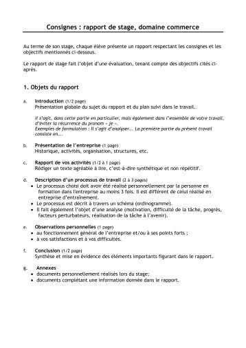 Consignes : rapport de stage, domaine commerce