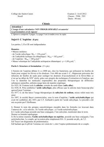 Chimie Attention ! Sujet-I- L'Aspirine (8 pts) - Sioufi