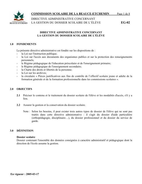 Directive administrative concernant la gestion du dossier scolaire de ...