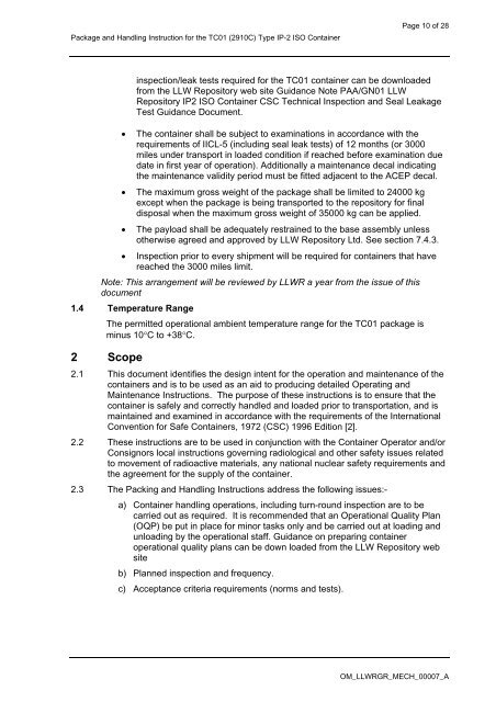 Packing and Handling Instruction for the TC01(2910C) Type IP-2 ...