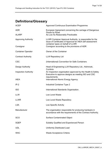 Packing and Handling Instruction for the TC01(2910C) Type IP-2 ...