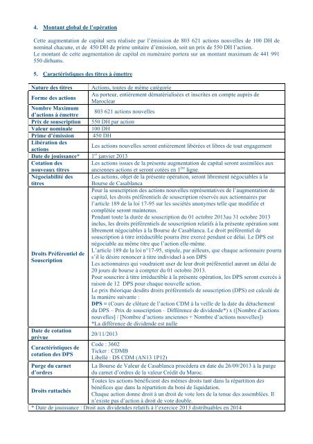 Augmentation de capital en numéraire du CREDIT DU MAROC