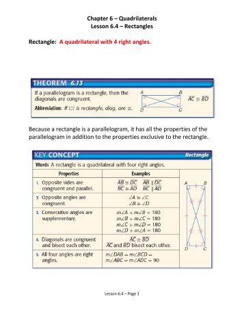 Chapter 6 â Quadrilaterals Lesson 6.4 â Rectangles Rectangle: A ...