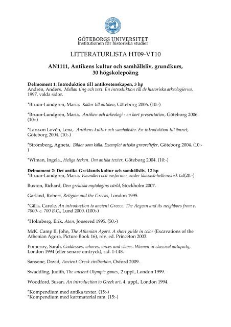 LITTERATURLISTA HT09-VT10 - Institutionen fÃ¶r historiska studier