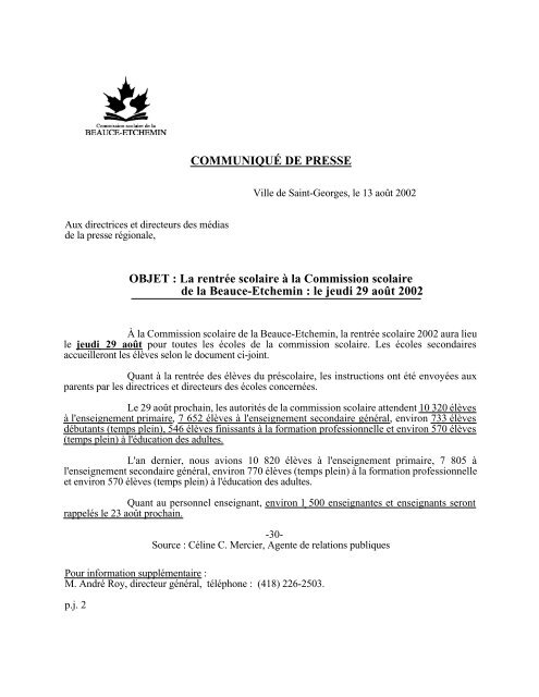 COMMUNIQUÉ DE PRESSE OBJET : La rentrée scolaire à la ...