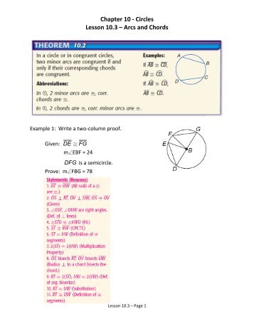 Chapter 10 - Circles Lesson 10.3 â Arcs and Chords