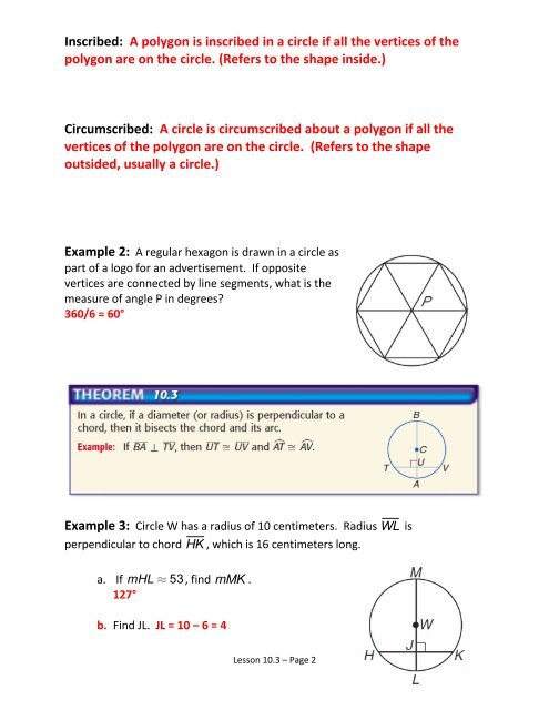 Chapter 10 - Circles Lesson 10.3 â Arcs and Chords