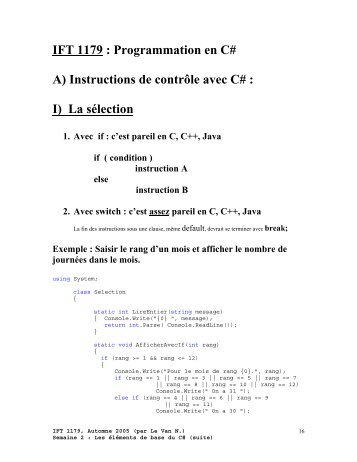 IFT 1179 : Programmation en C# A) Instructions de contrÃ´le ... - igt.net