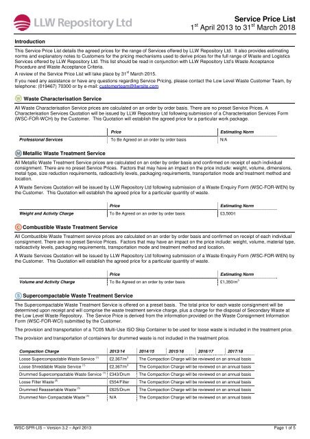 Service Price List 1 April 2013 to 31 March 2018 - Low Level Waste ...