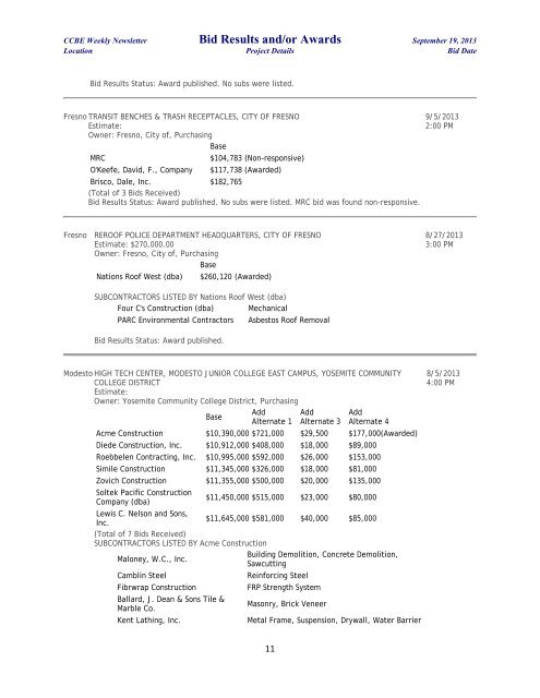 Bid Results and/or Awards