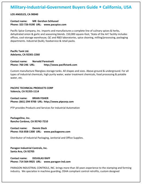 Military, Industrial & Government Buyers Guide for California, USA.