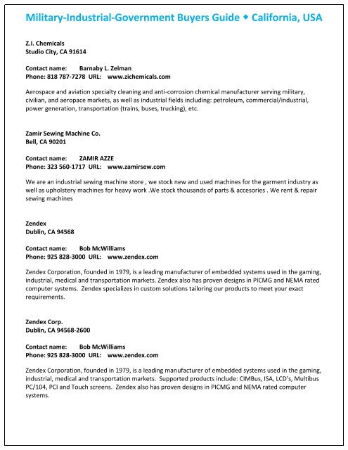 Military, Industrial & Government Buyers Guide for California, USA.