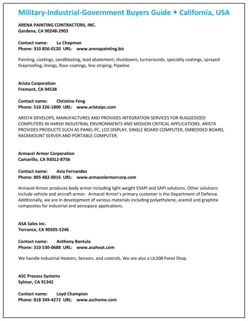 Military, Industrial & Government Buyers Guide for California, USA.