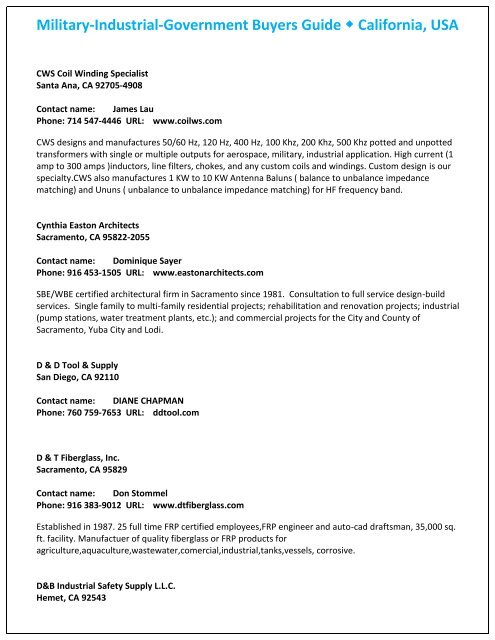 Military, Industrial & Government Buyers Guide for California, USA.