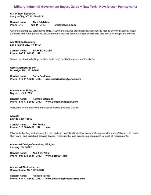 Military, Industrial & Government Buyers Guide for New York, New Jersey and Pennsylvania, USA.