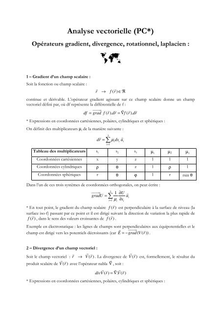 Analyse vectorielle (PC*)