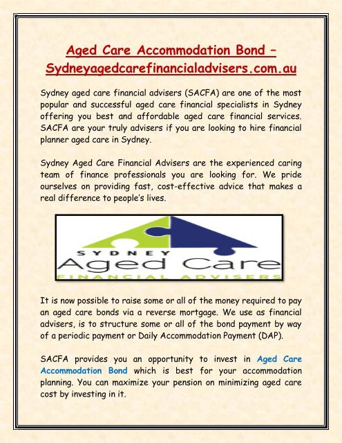 Aged Care Accommodation Bond - Sydneyagedcarefinancialadvisers.com.au