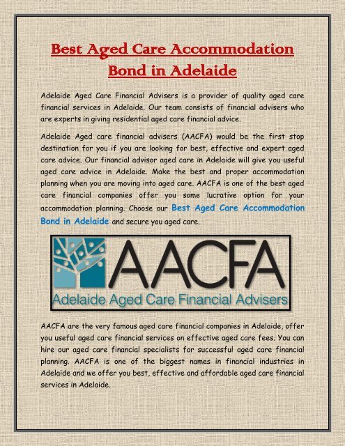 Best Aged Care Accommodation Bond in Adelaide