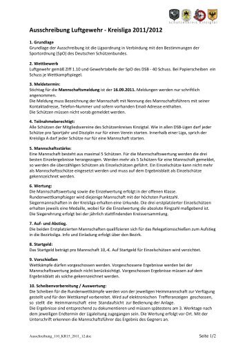 Ausschreibung Luftgewehr - Kreisliga 2011/2012