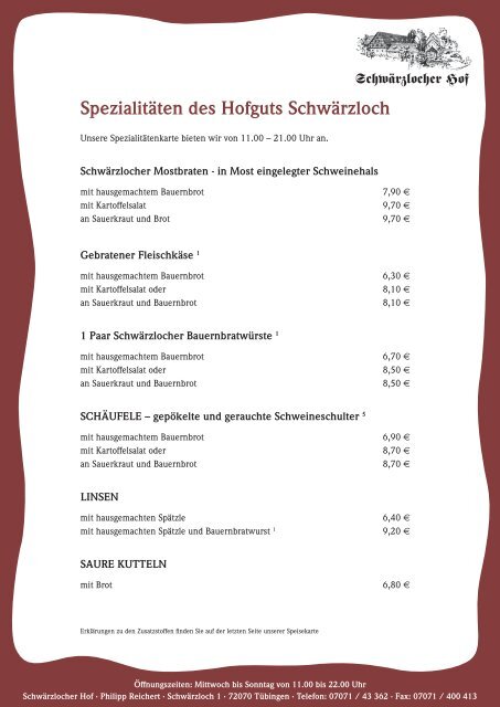 Speisekarte - Schwärzlocher Hof