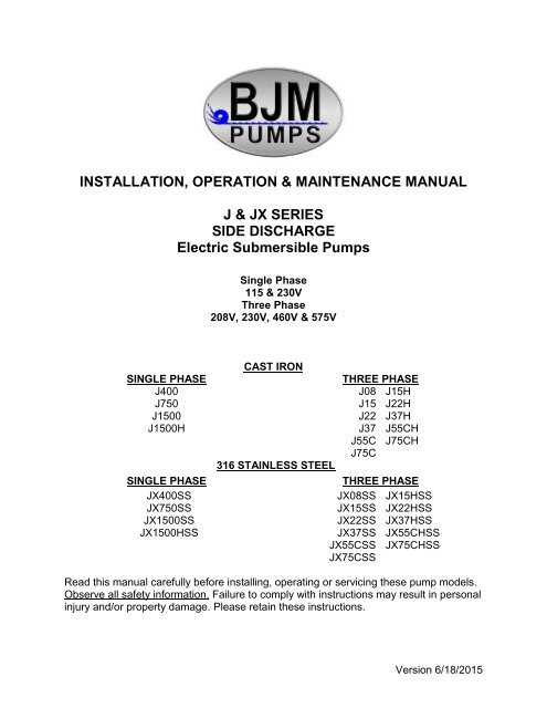 I O & M Manual - BJM Pumps