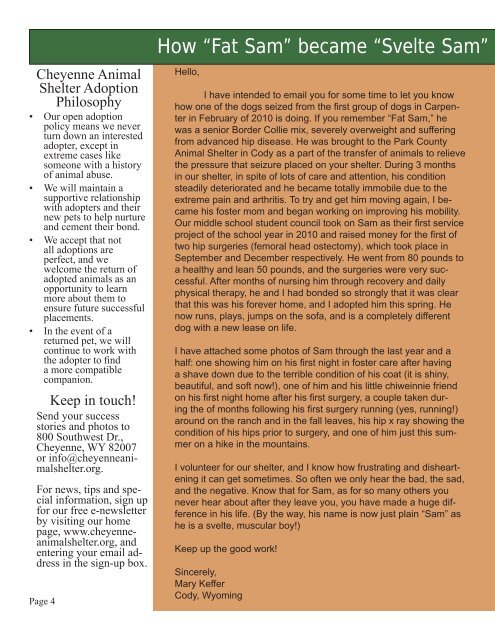 Winter 2011 Newsletter - Cheyenne Animal Shelter