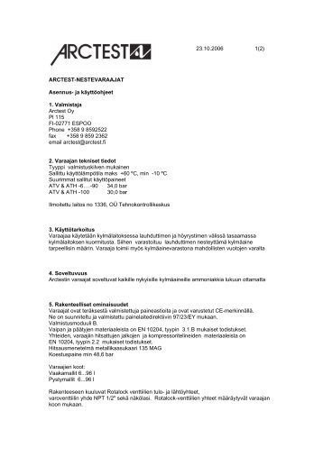 Arctest-varaajan kÃ¤yttÃ¶ohjeet - Oy Combi Cool Ab